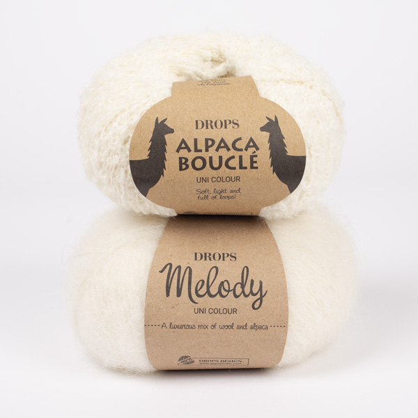 Yarn combinations skeins of DROPS Alpaca Bouclé 0100, off white 
											+ DROPS Melody 01, off white
