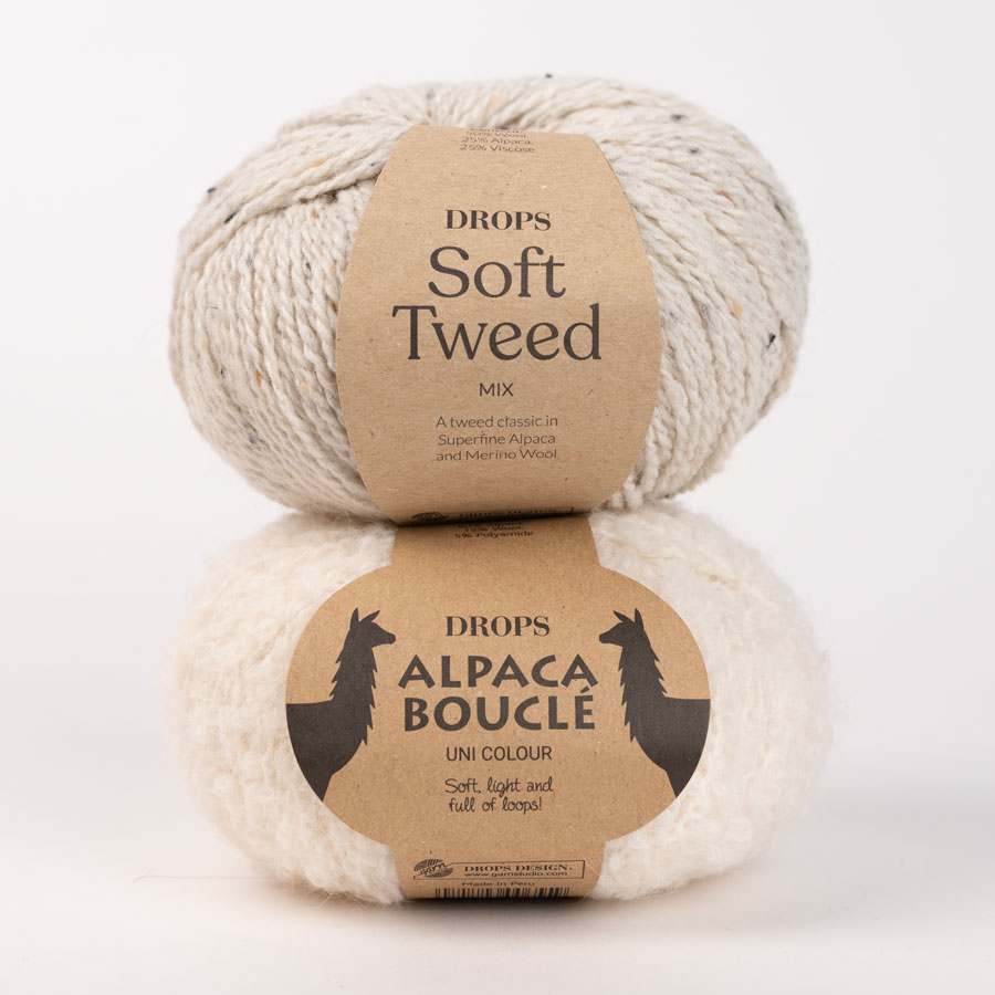DROPS Alpaca Bouclé 0100, natur + DROPS Soft Tweed 22, marmor dröm