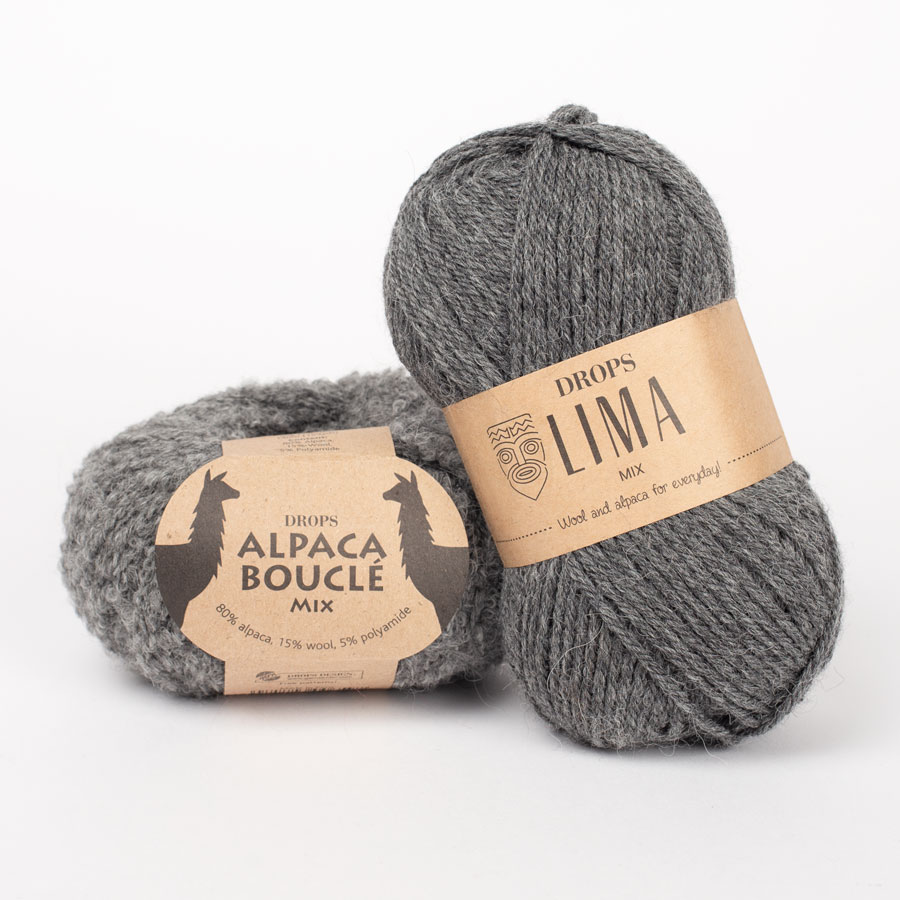 DROPS Alpaca Bouclé 0517, grár + DROPS Lima 0519, dökk grár