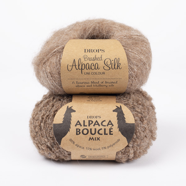 Yarn combinations skeins of DROPS Alpaca Bouclé 0602, brown 
											+ DROPS Brushed Alpaca Silk 05, beige
