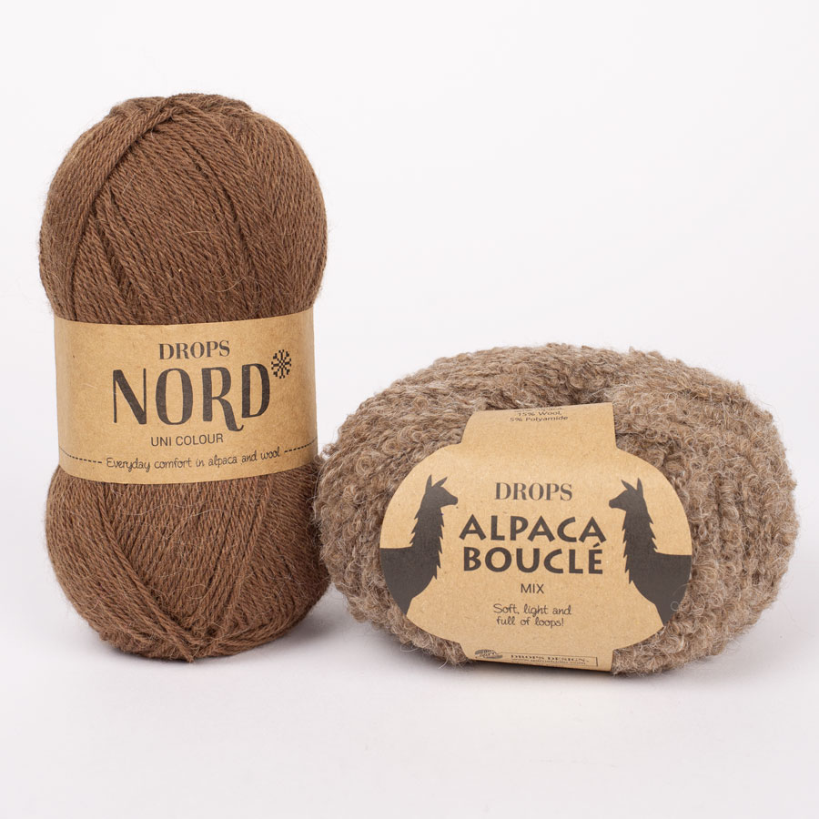 Yarn combinations skeins of DROPS Alpaca Bouclé 0602, brun 
											+ DROPS Nord 22, kastanje