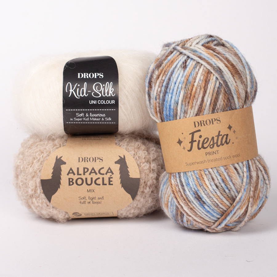 Swatch of DROPS Alpaca Bouclé 2020, light beige 
											+ DROPS Fiesta 36, mountain mist + DROPS Kid-Silk 01, off white