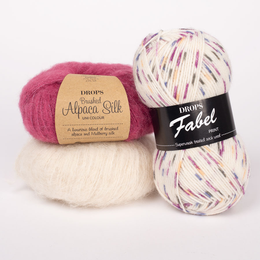 DROPS Brushed Alpaca Silk 01, natur + DROPS Brushed Alpaca Silk 08, ljung+ DROPS Fabel 925, ber & rjómi</div>