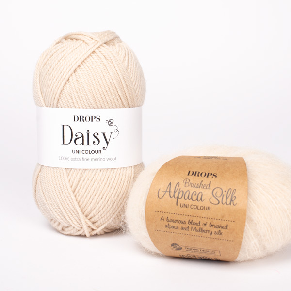 Yarn combinations skeins of DROPS Brushed Alpaca Silk 01, off white 
											+ DROPS Daisy 02, marzipan