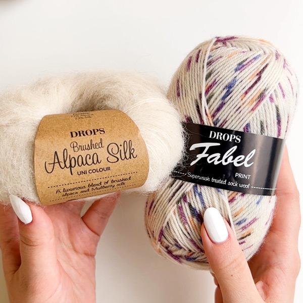 Yarn combinations skeins of DROPS Brushed Alpaca Silk 01, off white 
											+ DROPS Fabel 924, confetti cake