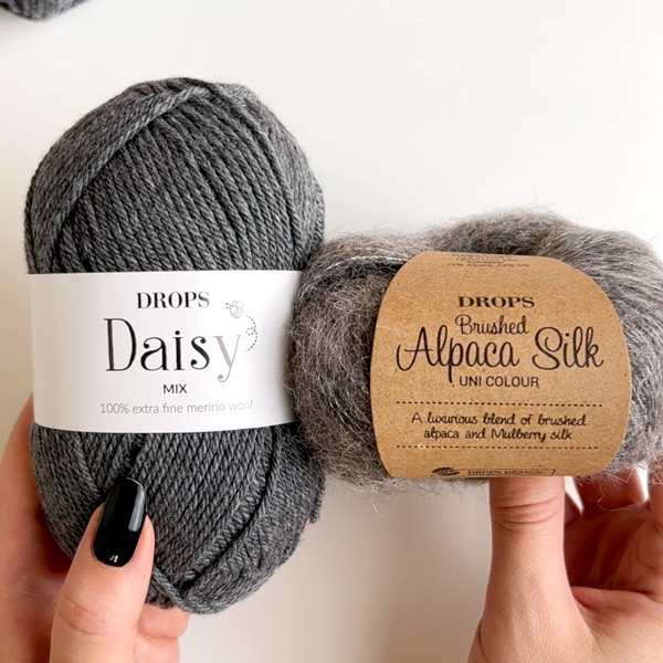 Yarn combinations skeins of DROPS Brushed Alpaca Silk 03, grey 
											+ DROPS Daisy 05, medium grey