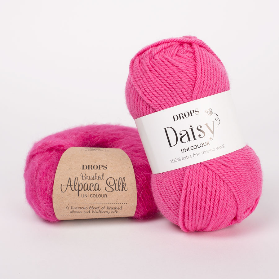 Yarn combinations skeins of DROPS Brushed Alpaca Silk 18, cerise 
											+ DROPS Daisy 22, magenta