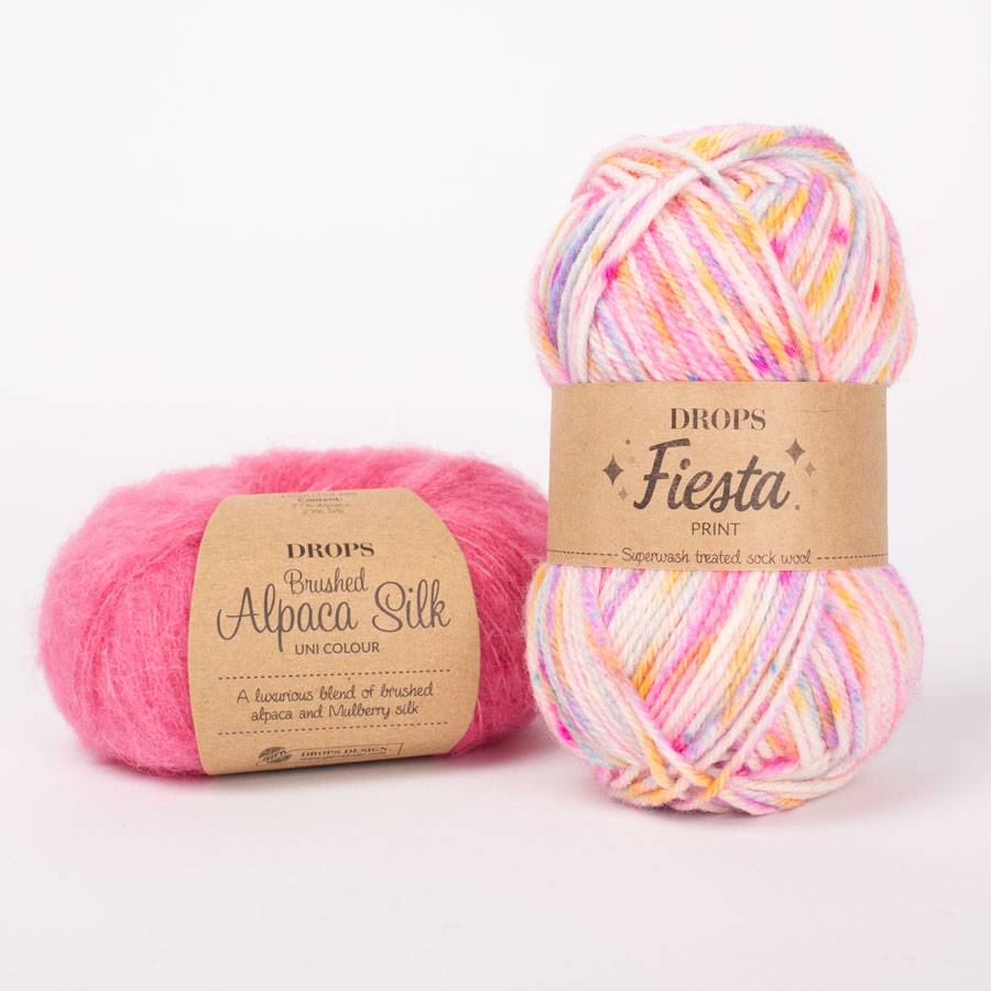 Yarn combinations skeins of DROPS Brushed Alpaca Silk 31, hot pink 
											+ DROPS Fiesta 14, rainbow sprinkles