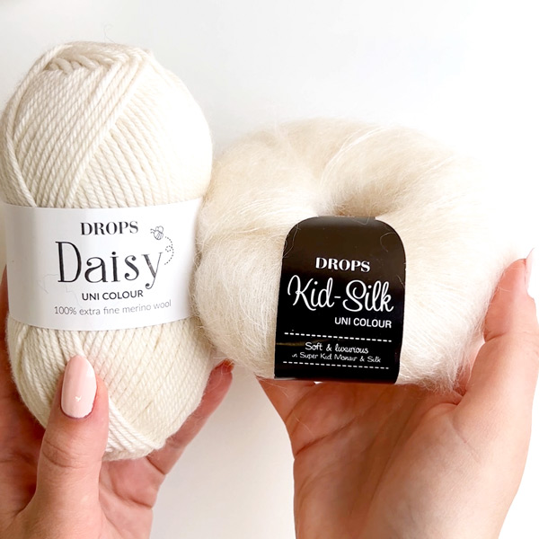 Yarn combinations skeins of DROPS Daisy 01, off white 
											+ DROPS Kid-Silk 01, off white