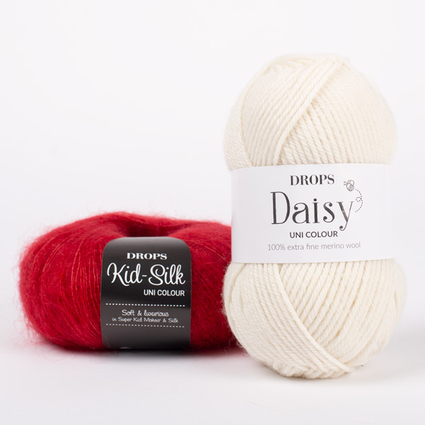 Swatch of DROPS Daisy 01, natur 
											+ DROPS Kid-Silk 14, rauður