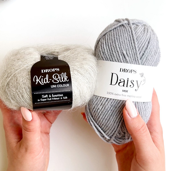 Yarn combinations skeins of DROPS Daisy 04, light grey 
											+ DROPS Kid-Silk 44, moonlight