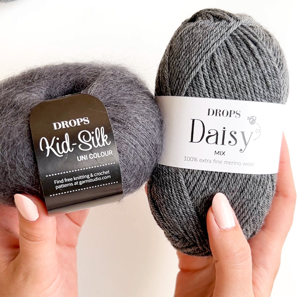 Yarn combinations skeins of DROPS Daisy 05, medium grey 
											+ DROPS Kid-Silk 22, ash grey