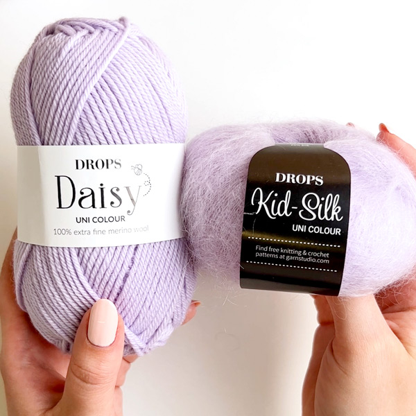 Swatch of DROPS Daisy 07, sæt orkidé 
											+ DROPS Kid-Silk 09, ljós lavender