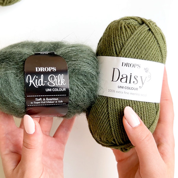 Yarn combinations skeins of DROPS Daisy 17, verde musgo 
											+ DROPS Kid-Silk 19, verde escuro