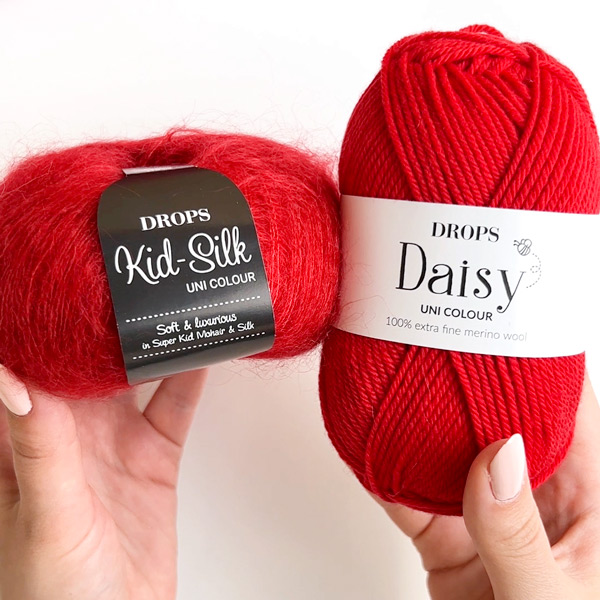 Swatch of DROPS Daisy 21, crimson rauður 
											+ DROPS Kid-Silk 14, rauður