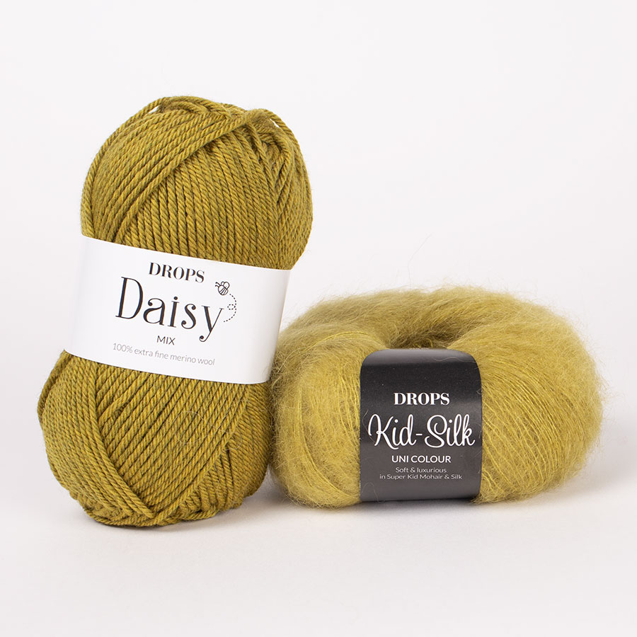 Yarn combinations skeins of DROPS Daisy 31, olive oil 
											+ DROPS Kid-Silk 67, bright olive