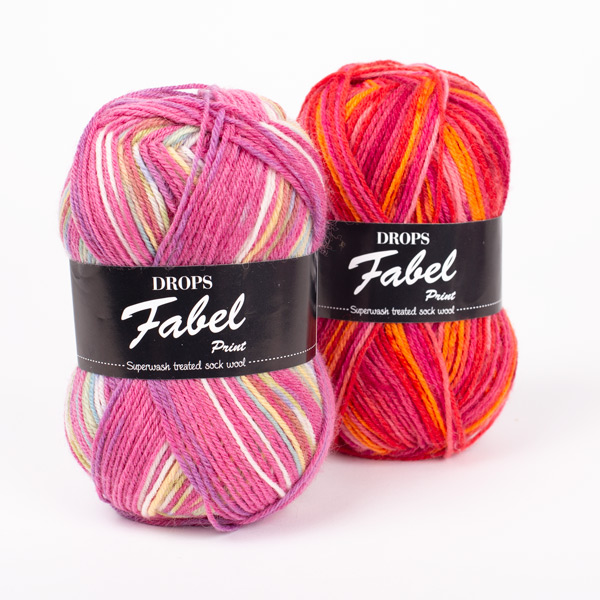 Swatch of DROPS Fabel 161, bleikur draumur 
											+ DROPS Fabel 310, sólsetur