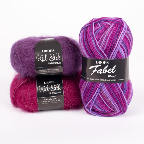 Swatch of DROPS Fabel 330, skógarberjadraumur 
											+ DROPS Kid-Silk 16, dökk fjólublár + DROPS Kid-Silk 17, dökk bleikur