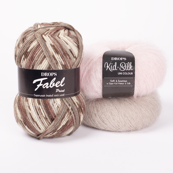 Swatch of DROPS Fabel 912, súkkulaði 
											+ DROPS Kid-Silk 20, ljós beige + DROPS Kid-Silk 40, perlubleikur