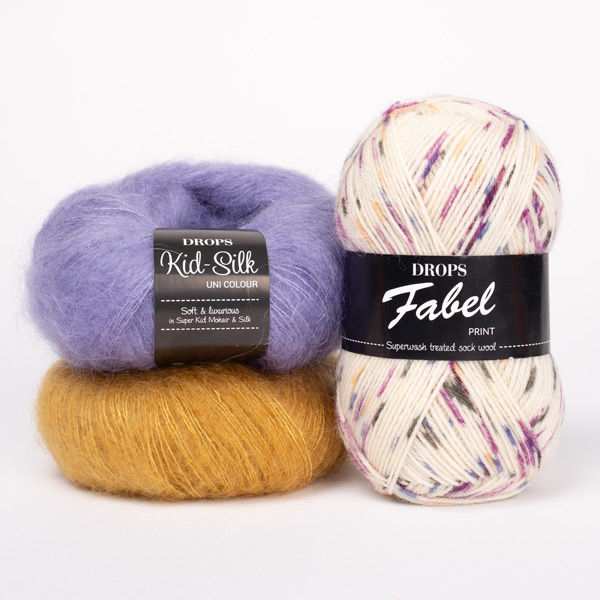 Swatch of DROPS Fabel 924, confetti kaka 
											+ DROPS Kid-Silk 11, fjólublár + DROPS Kid-Silk 30, karrí