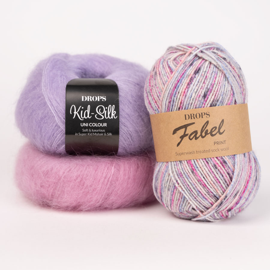 Swatch of DROPS Fabel 929, twilight dreams 
											+ DROPS Kid-Silk 04, old pink + DROPS Kid-Silk 55, misty lilac