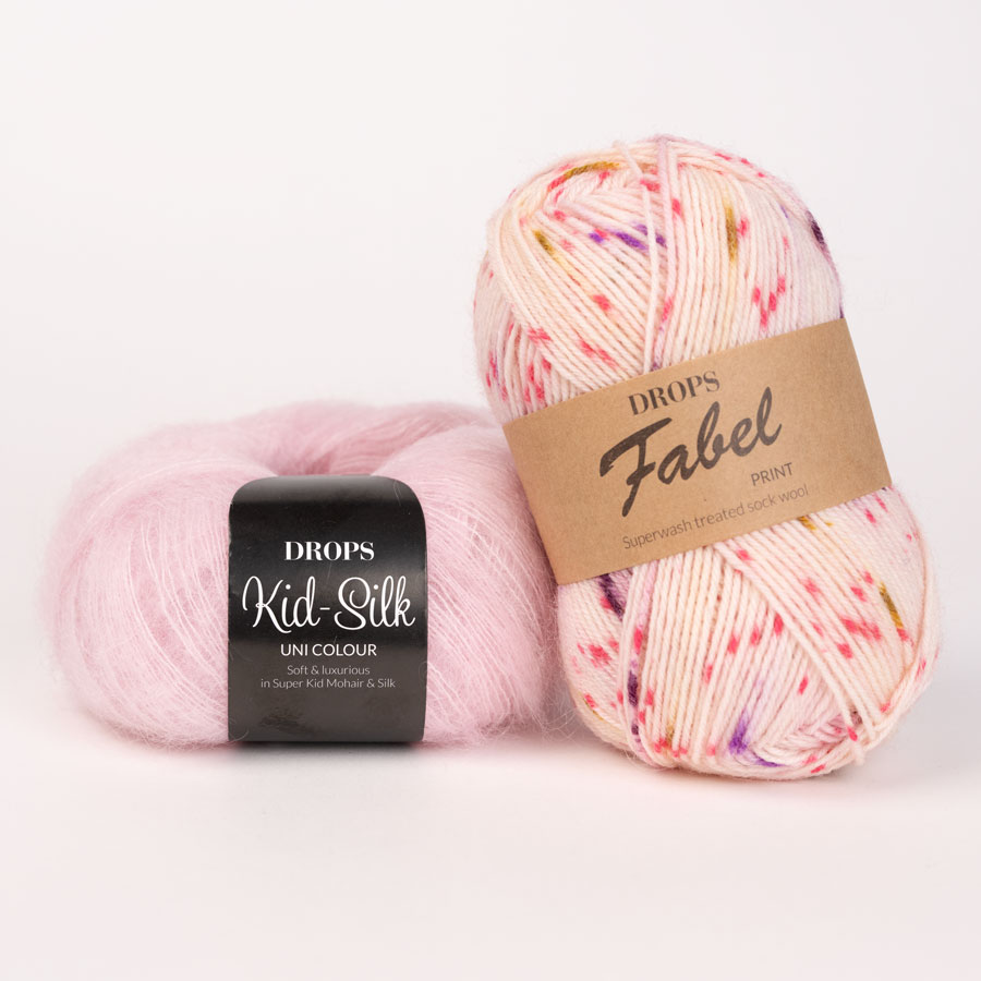 Yarn combinations skeins of DROPS Fabel 930, älv stoft 
											+ DROPS Kid-Silk 72, pastellrosa