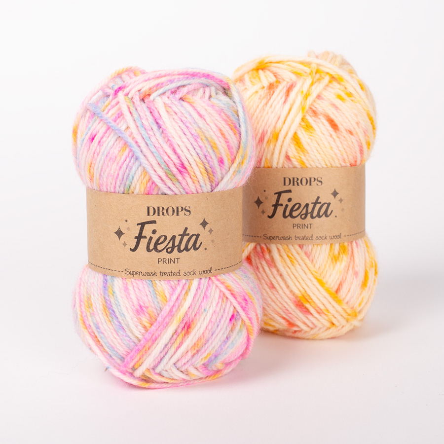 Yarn combinations skeins of DROPS Fiesta 14, rainbow sprinkles 
											+ DROPS Fiesta 17, sunshine