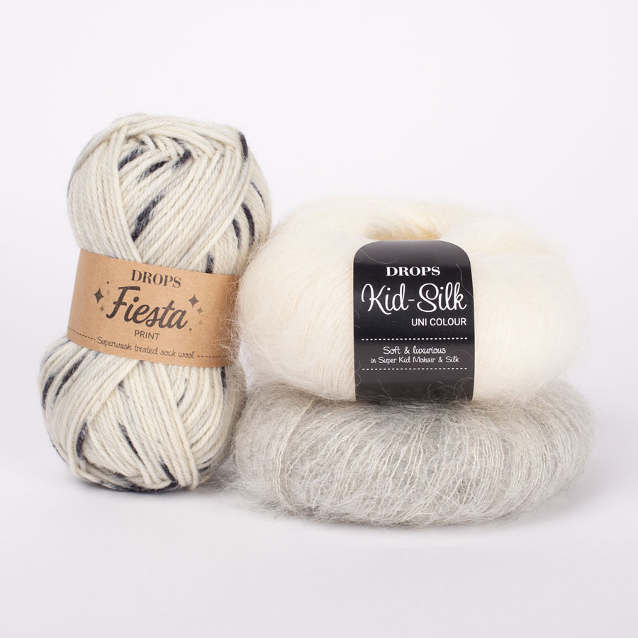 Yarn combinations skeins of DROPS Fiesta 26, ink spots 
											+ DROPS Kid-Silk 01, off white + DROPS Kid-Silk 44, moonlight