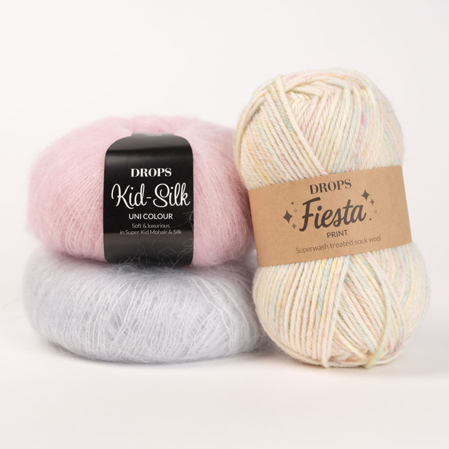DROPS Fiesta 41, enchanted dream + DROPS Kid-Silk 59, ice crystal + DROPS Kid-Silk 72, pastel pink</div>