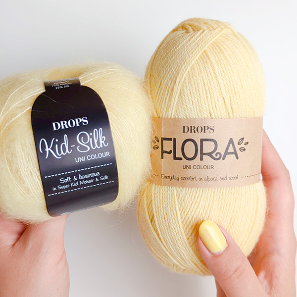 Swatch of DROPS Flora 26, límonaði 
											+ DROPS Kid-Silk 52, límonaði
