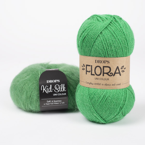 Yarn combinations skeins of DROPS Flora 27, verde papagaio 
											+ DROPS Kid-Silk 48, verde papagaio
