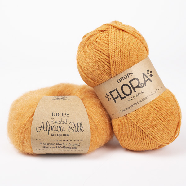 Swatch of DROPS Brushed Alpaca Silk 29, mandarína 
											+ DROPS Flora 29, mandarína