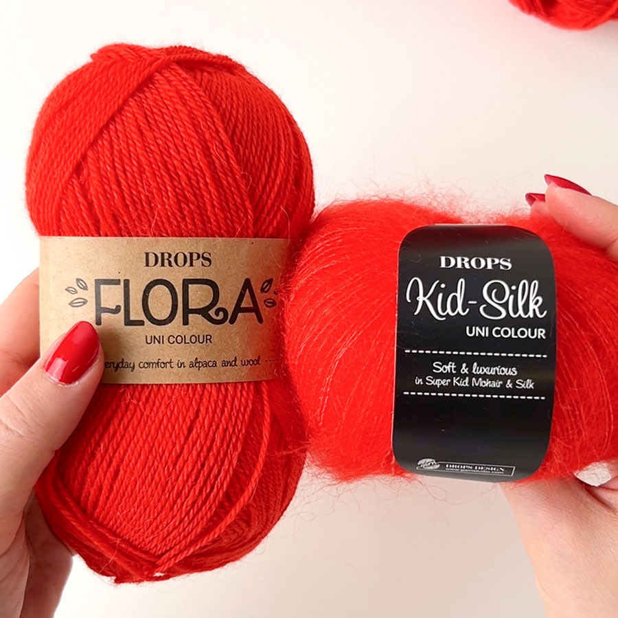 DROPS Flora 33, knallrot + DROPS Kid-Silk 61, knallrot