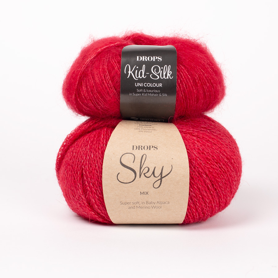 Yarn combinations skeins of DROPS Kid-Silk 14, červená 
											+ DROPS Sky 35, červená jahoda