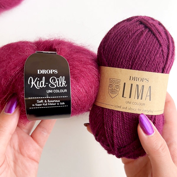 Yarn combinations skeins of DROPS Kid-Silk 17, mørk rosa 
											+ DROPS Lima 5820, druevin