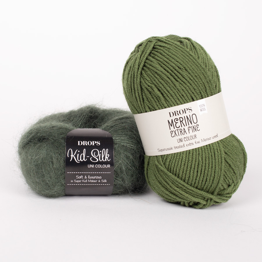 Yarn combinations skeins of DROPS Kid-Silk 19, dark green 
											+ DROPS Merino Extra Fine 52, green leaf