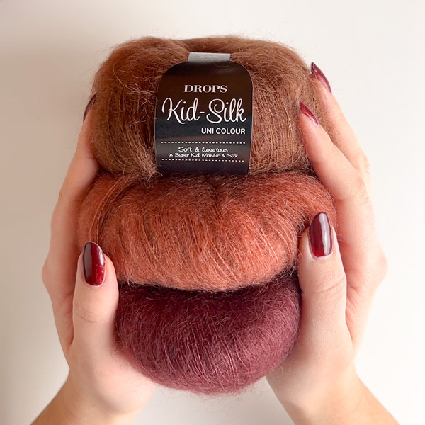 Yarn combinations skeins of DROPS Kid-Silk 33, rust 
											+ DROPS Kid-Silk 35, chocolate + DROPS Kid-Silk 36, bordeaux + DROPS Kid-Silk 36, bordeaux