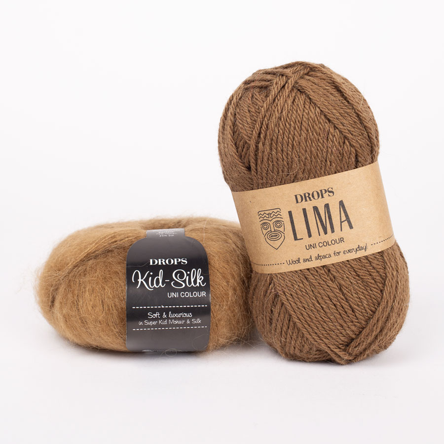 Yarn combinations skeins of DROPS Kid-Silk 51, toffee 
											+ DROPS Lima 9026, kastanje