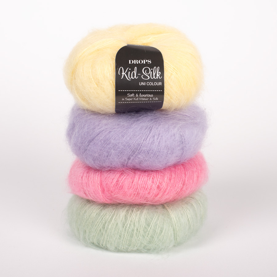 Yarn combinations skeins of DROPS Kid-Silk 52, lemonade 
											+ DROPS Kid-Silk 55, misty lilac + DROPS Kid-Silk 60, peppermint + DROPS Kid-Silk 62, strawberry ice cream