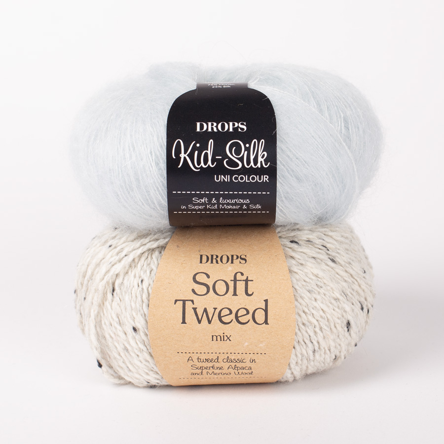 Yarn combinations skeins of DROPS Kid-Silk 59, ice crystal 
											+ DROPS Soft Tweed 20, salt and pepper