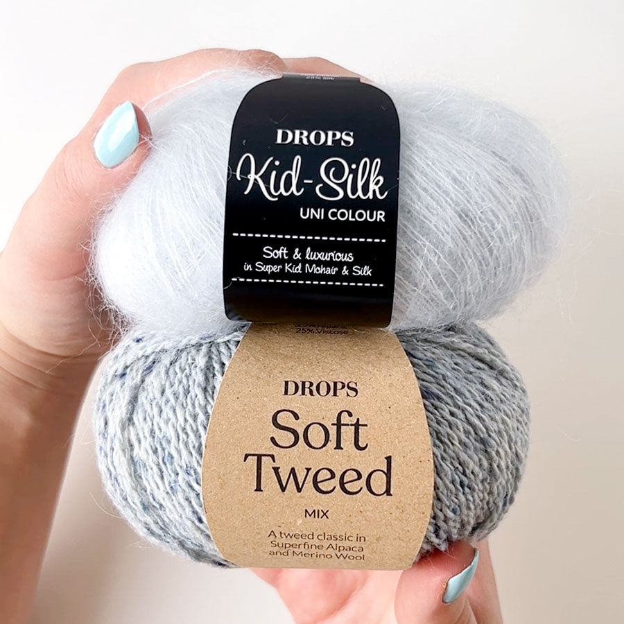 DROPS Kid-Silk 59, ískristall + DROPS Soft Tweed 21, kyrrt vatn