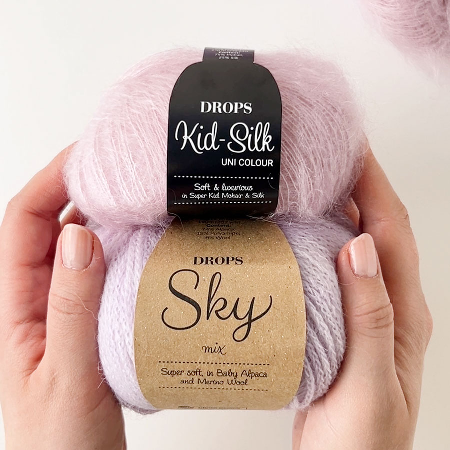 DROPS Kid-Silk 63, puderrosa + DROPS Sky 28, zarte orchidee