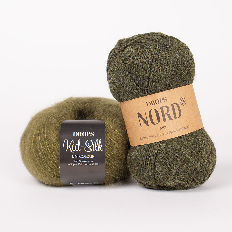 Swatch of DROPS Kid-Silk 66, oliva oscuro 
											+ DROPS Nord 32, bosque oscuro