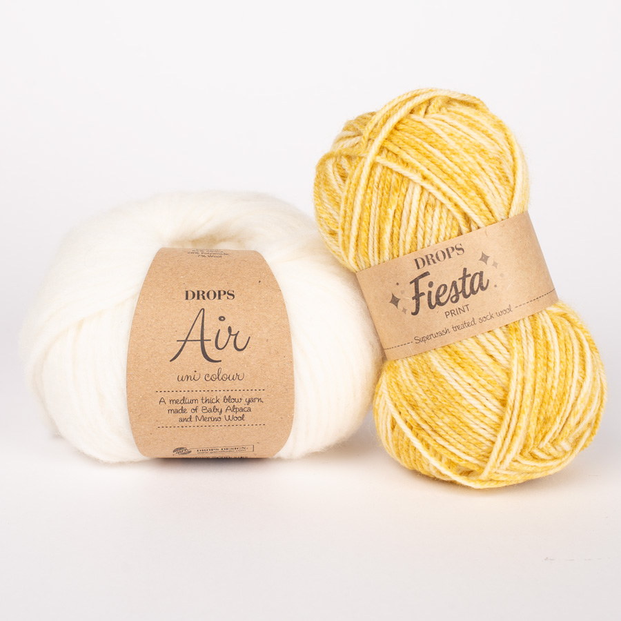 Yarn combinations skeins of DROPS Air 01, off white 
											+ DROPS Fiesta 23, dandelion dream