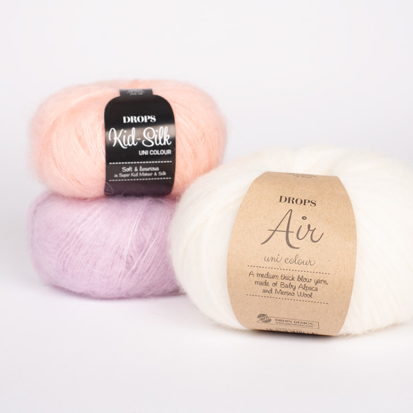 Yarn combinations skeins of DROPS Air 01, naturaalvalge																	+ DROPS Kid-Silk 53, hele virsik+ DROPS Kid-Silk 09, helelavendel
