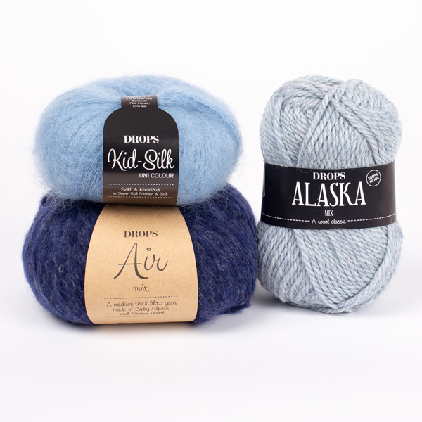 Yarn combinations skeins of DROPS Air 09, navy blue 
											+ DROPS Alaska 62, fog + DROPS Kid-Silk 08, light jeans blue