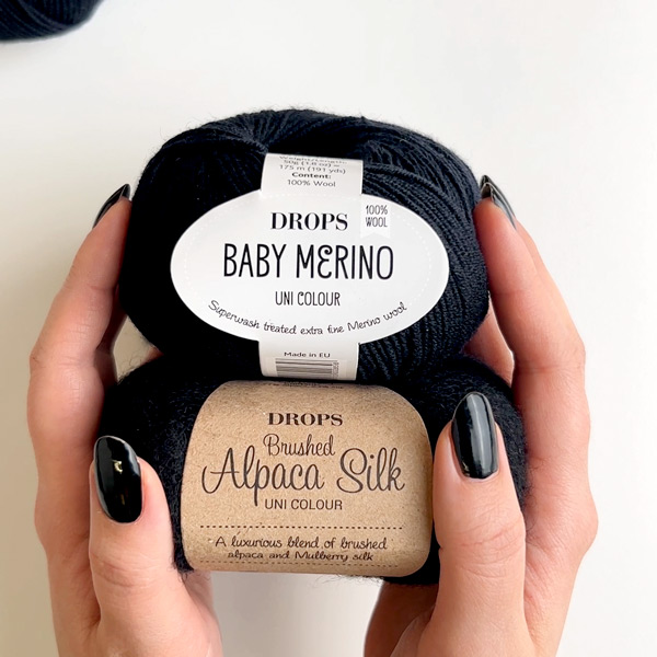 Yarn combinations skeins of DROPS Baby Merino 21, black															+ DROPS Brushed Alpaca Silk 16, black
