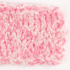 Swatch of DROPS Alpaca Bouclé 0100, off white 
														+ DROPS Fiesta 32, strawberry ice cream + DROPS Kid-Silk 62, strawberry ice cream