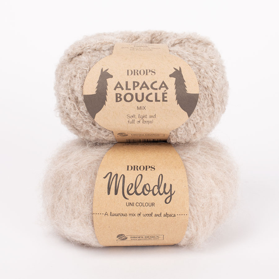 Yarn combinations skeins of DROPS Alpaca Bouclé 2020, vaalea beige															+ DROPS Melody 15, beige