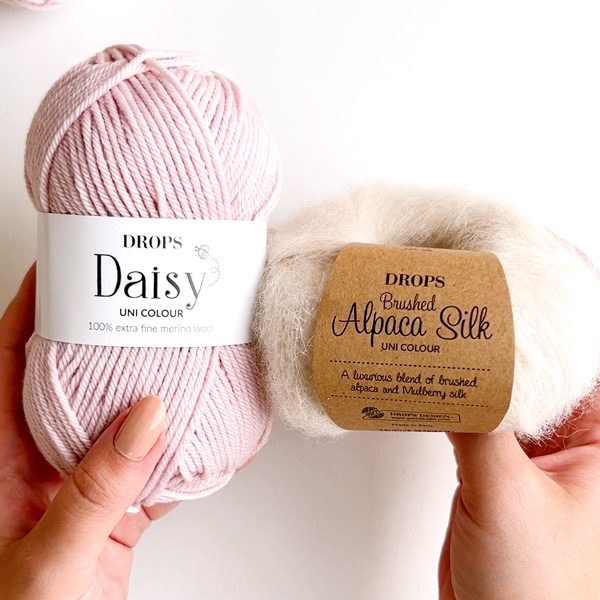 Yarn combinations skeins of DROPS Brushed Alpaca Silk 01, luonnonvalkoinen																	+ DROPS Daisy 06, puuteriroosa